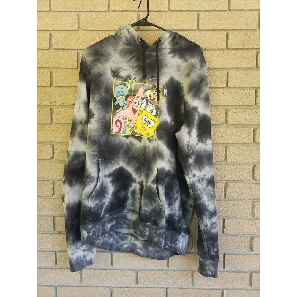 Tye Dyed Grey and White Sponge Bob Square Pants Hoodie Size: Large